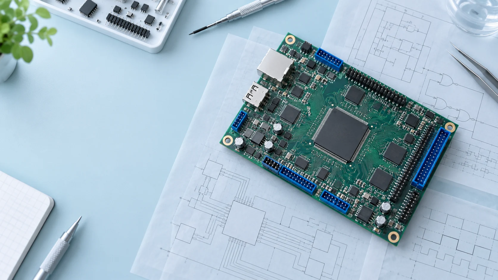Programmable logic evaluation board on a blue engineering workbench